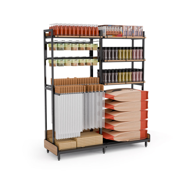 Expositor kit churrasco Linha Frame com carvão e acessórios organizados
