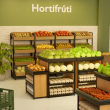 Sacolão com expositor de hortifruti central em madeira