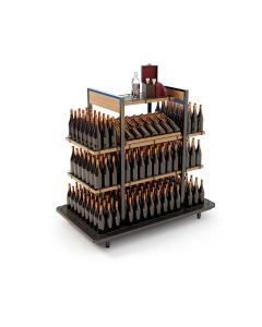 Expositor de bebidas de madeira Escalonado Wine exibindo vinhos organizados em prateleiras