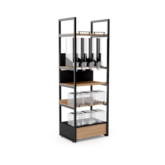 Expositor de madeira para produtos naturais da linha Emporio Stock com dispensers gravitacionais